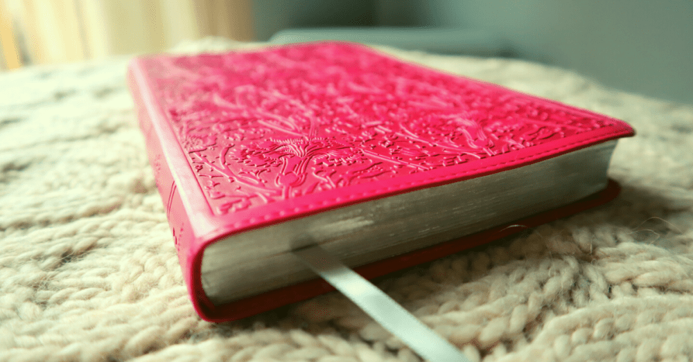 pink bible on a blanket