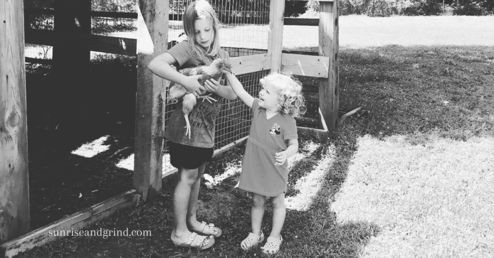 two little girls holding a chicken