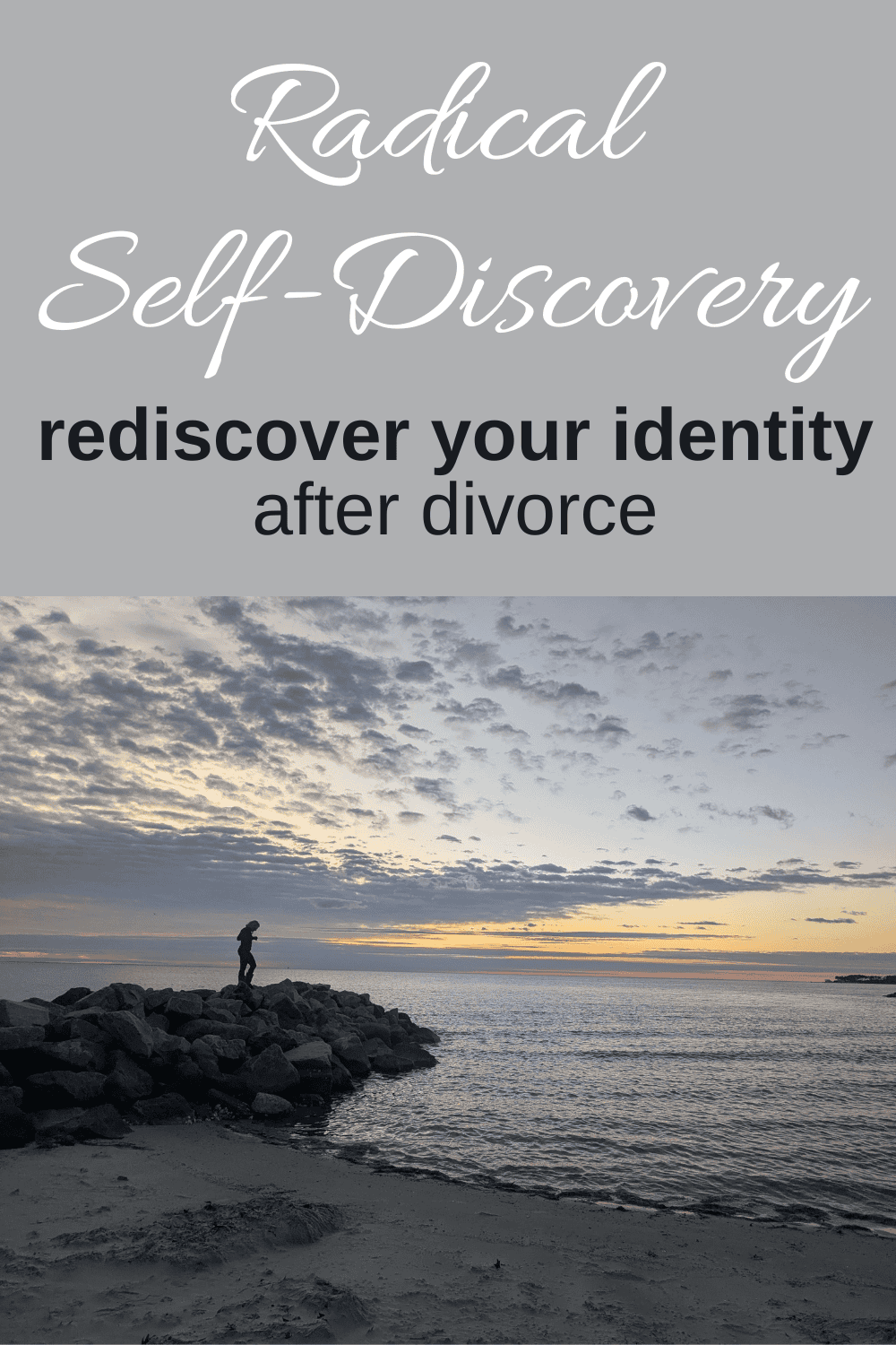 Me on the rocks at the beach at sunrise on my radical self discovery journey